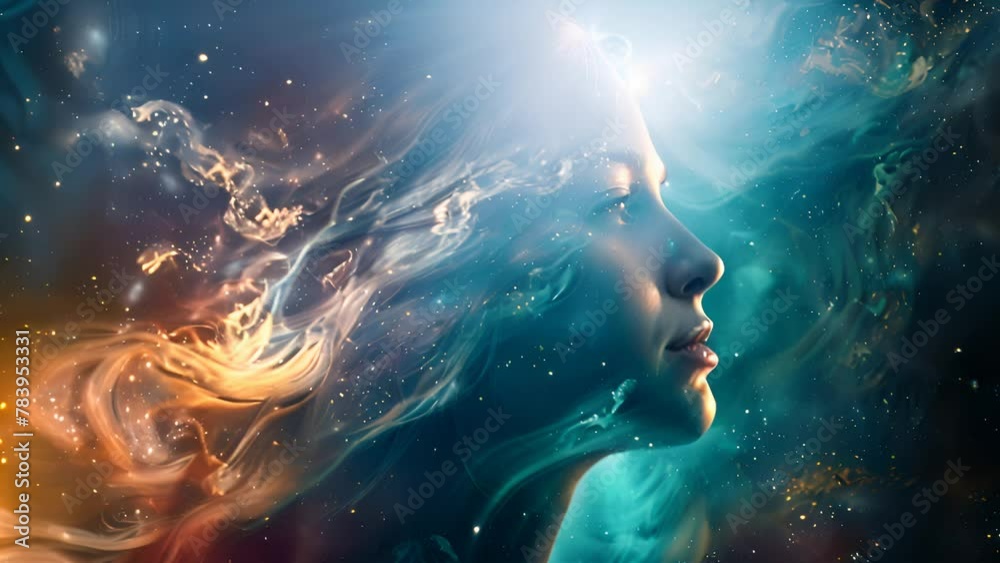 A digital portrait of a womans profile, her hair and skin blending into a galaxy motif, illustrating a celestial theme A digital portrait of a womans profile, her hair and skin blending into a galaxy motif, illustrating a celestial theme