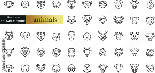 Farm and hunting animals, thin line icon set. Symbol collection in transparent background. Editable vector stroke