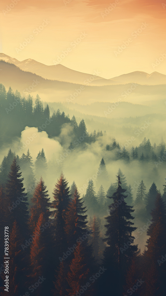 Obraz premium Foggy forest in the mountains at dawn and hills retro color landscape. Phone wallpaper background, for stories, media, social sample, banner.