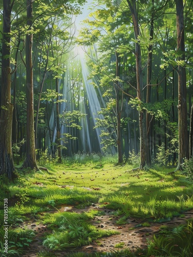 A serene forest with dense green trees  sunlight filtering through leaves  untouched by humans