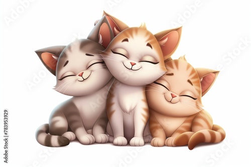 Three cute pretty kittens are sitting together snuggled up to each other, a very sweet and gentle illustration