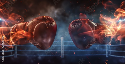 Two boxing gloves in the window in the ring opposite each other, on a dark background