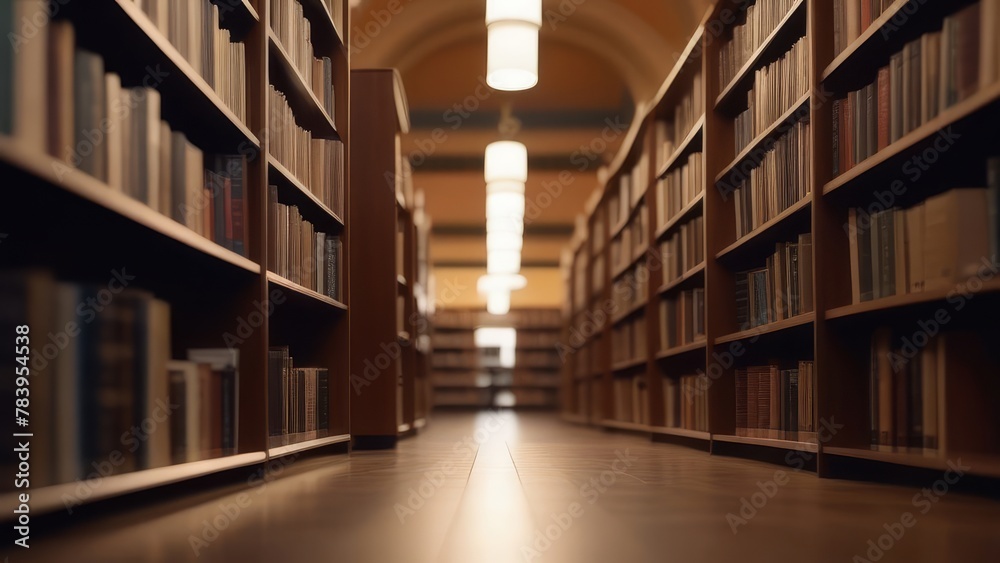 Perspective view of a library aisle lined with books, lit by hanging lights