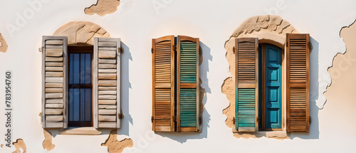 geschlossene und geöffnete bunte Fensterläden an aus Holz an drei fenstern an einer alten weißen Fassade mit losem Putz, wie in mediterranen Ländern im hellen Sonnenschein dekorativer Hintergrund photo