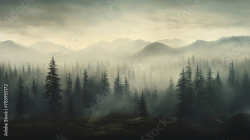 Foggy forest in the mountains at dawn and hills retro color landscape. Phone wallpaper background, for stories, media, social sample, banner.