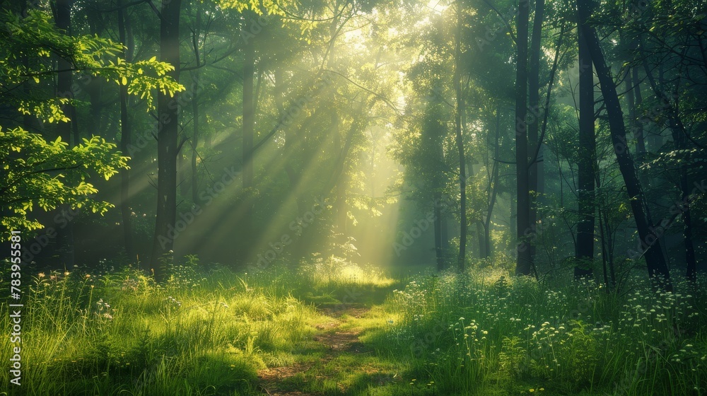Tranquil morning forest path with low mist, sunlight piercing through trees, peaceful and mysterious