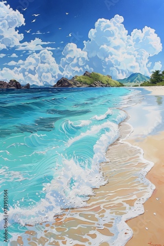 Tranquil beach scene, soft golden sand, clear blue water, sparse fluffy clouds above, gentle waves lapping at the shore