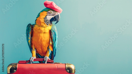 A colorful parrot with a pink hat perched on a red suitcase against a light blue background captures a whimsical travel theme, blending adventure with humor.