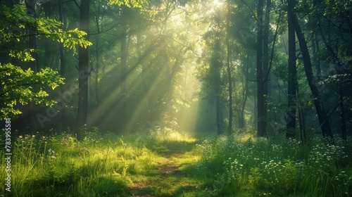 Tranquil morning forest path with low mist, sunlight piercing through trees, peaceful and mysterious