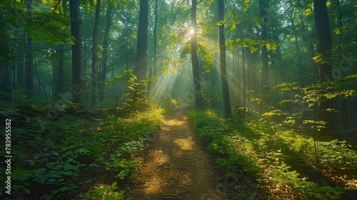 Tranquil morning forest path with low mist, sunlight piercing through trees, peaceful and mysterious ambiance