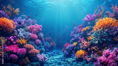 The scene of underwater marine life displays colorful corals, diverse fish swimming, mysterious beauty © Fokasu Art