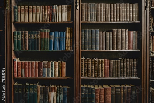 Dusty old bookshelf holding extensive literature collection, vintage charm photo
