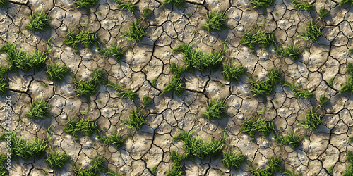 Seamless cracked ground with grass pattern, tileable dry land texture, great for video game design photo