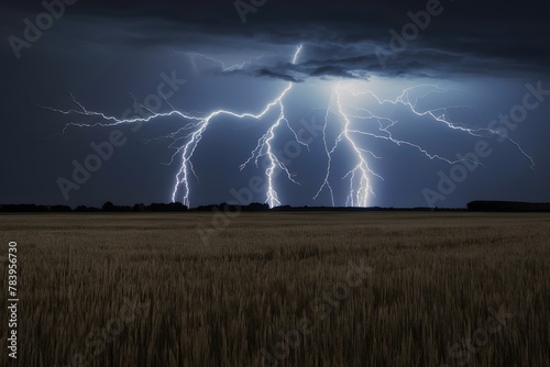 Field illuminated by lightning strikes in the dead of night