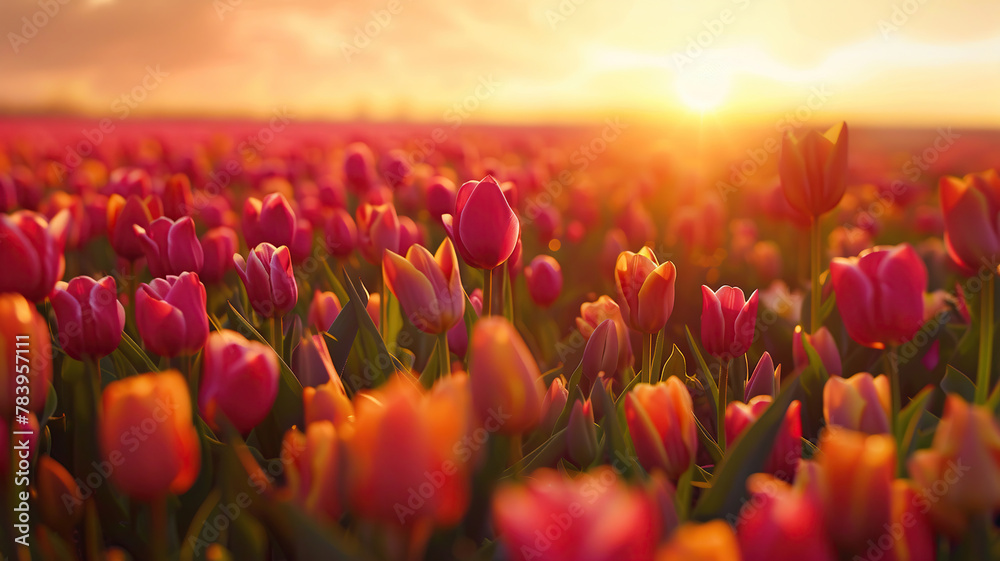 Tulip field with sun, sunset