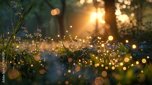 A tranquil meadow is bathed in the soft light of dawn, its dew-kissed grasses shimmering in the early morning light.