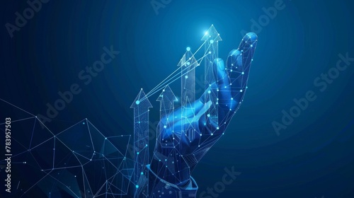 Abstract digital businessman hand holding rising arrows in futuristic style. Successful business and growth strategy concept. Low poly wireframe vector illustration on technological blue background