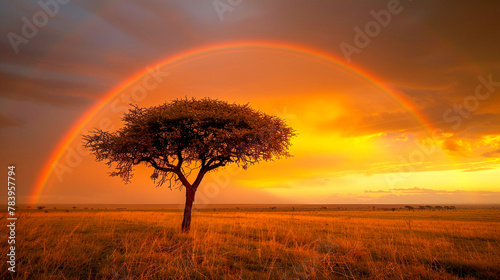 A full rainbow arches over a solitary tree in a golden savannah landscape during sunset