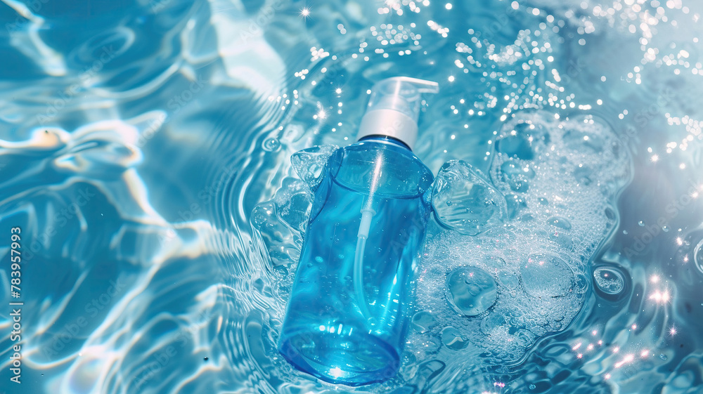 Bottle of cosmetic liquid product in the bluewater Bottle of cosmetic liquid product in the bluewater