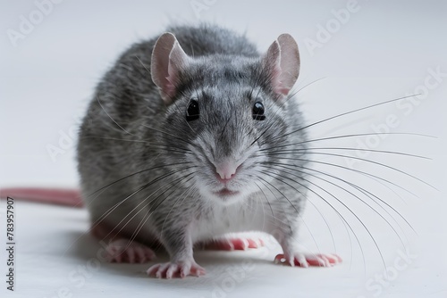Gray rat with copy space on white background, close up