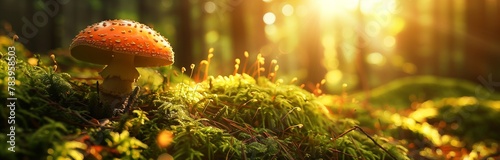 landscape of a forrest with dangerous honey agaric close up in the sun light 