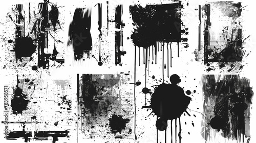 Grunge overlays vector. Different paint textures with splay effect and drop ink splashes. Dirty grainy stamp and scratches and damage marks. Urban grunge overlay. Vector illustration photo