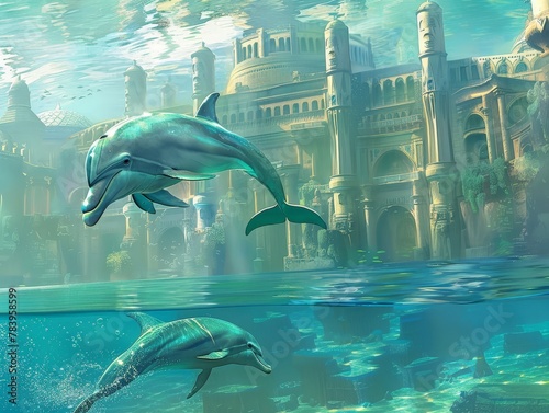 Dolphins explore the ruins of an underwater city in the ocean depths in this digital art creation. A serene and mysterious scene that evokes a sense of wonder and discovery. photo