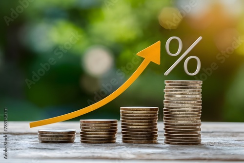 Interest rate concept percent sign with coins and graph arrow
