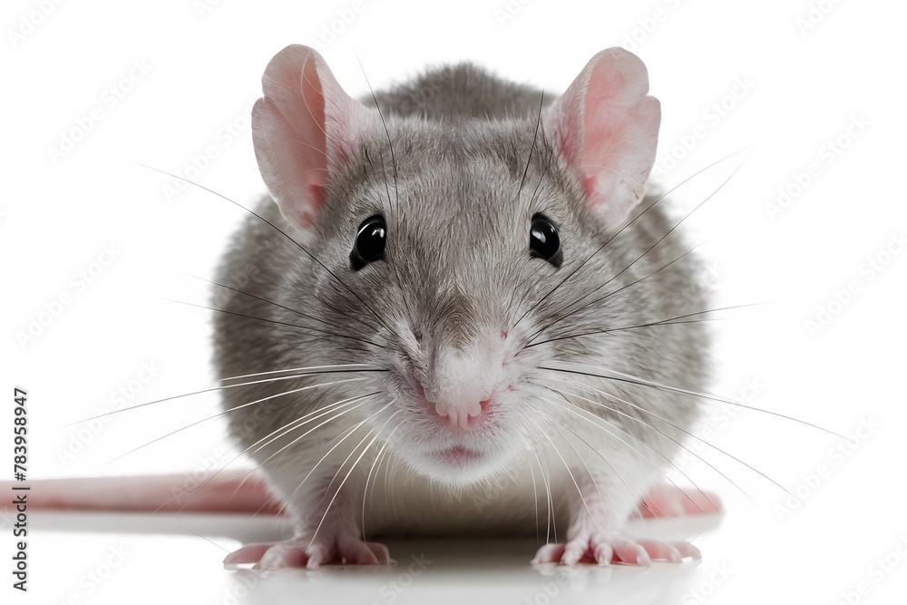 Isolated rat face captures curiosity and intelligence on white backdrop