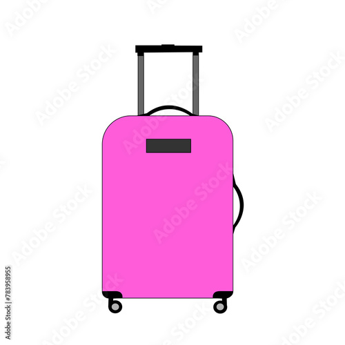 Pink wheeled travel bag with hand. Plastic travel suitcase isolated on white background.