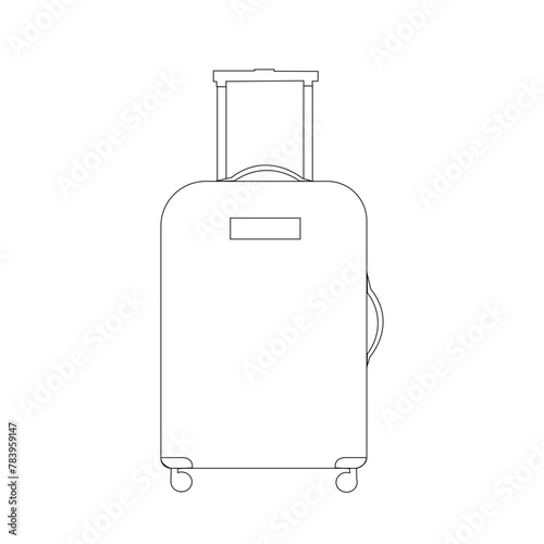 Icon wheeled travel bag with hand. Plastic travel suitcase isolated on white background.