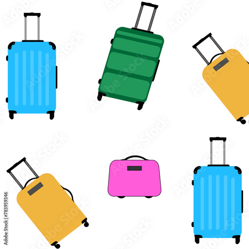 Pattern of colors icon wheeled travel bag with hand. Plastic travel suitcase isolated on white background.