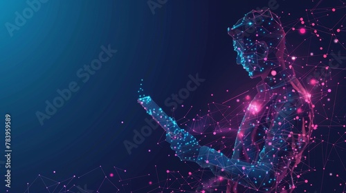 Abstract digital businessman with tablet uses chatbot app. Concept of Artificial Intelligence and technology innovation in the modern business world. Futuristic low poly wireframe