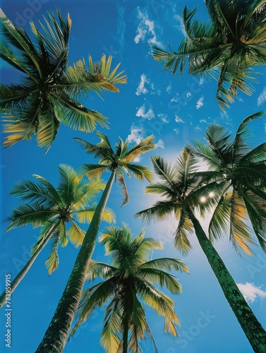 Palm trees photograph with a blue sky view sunny weather