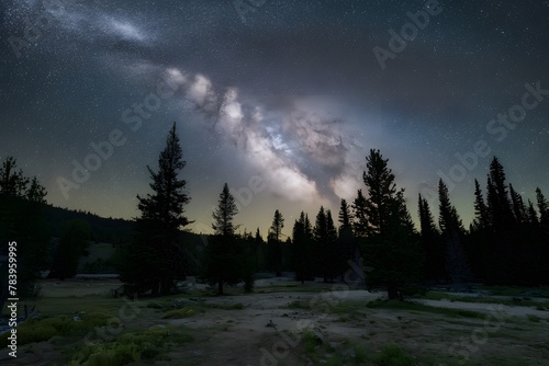 Milky Way rises over pine trees in breathtaking woodland scene