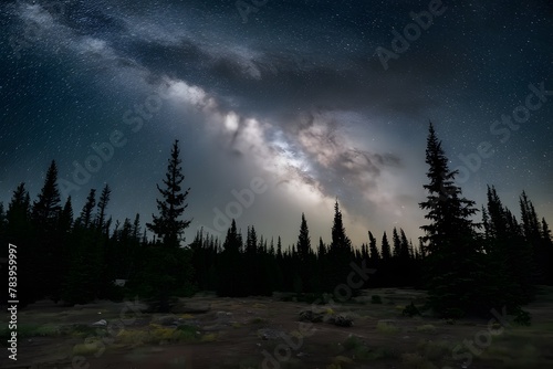 Milky Way rises over pine trees in breathtaking woodland scene