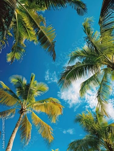 Palm trees photograph with a blue sky view sunny weather