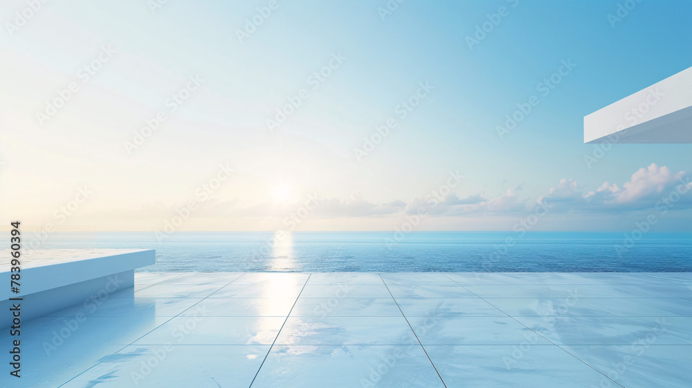 Isolated bench on wooden floor in the middle of serene beach landscape Isolated bench on wooden floor in the middle of serene beach landscape