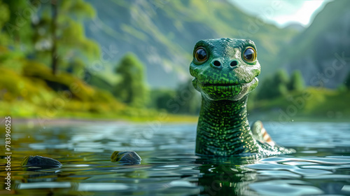 Cartoon Loch Ness monster swimming on a lake. © Olga Gubskaya