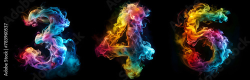 Numbers 3, 4, 5. Vibrant Smoke Alphabet on a Black Background - A realistic display of colorful smoke forming the alphabet, a captivating blend of artistry and creativity