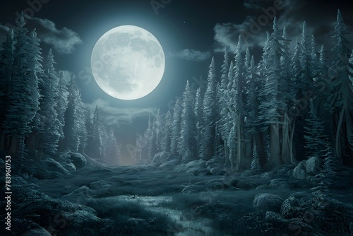 Mystical moon casting silvery glow over enchanted forest