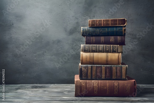 Old books stacked on gray background with ample copy space photo