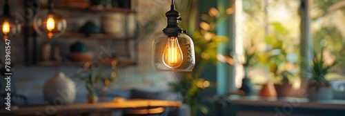 Detail shot of a vintage-inspired pendant light in a dining room, hyperrealistic photography of modern interior design