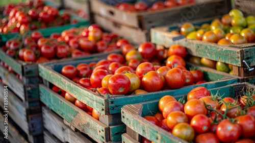Ripe tomatoes in wooden boxes for sale in the farmer's market