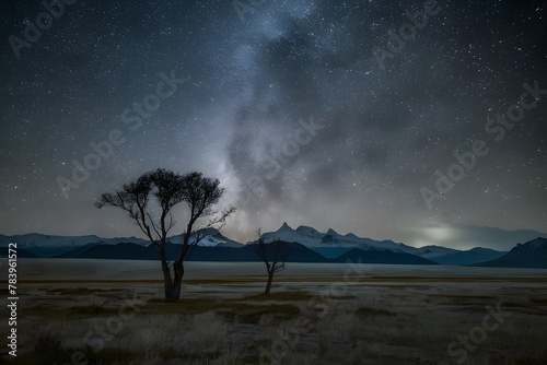 Pampas landscape photographed under starry night sky in Patagonia