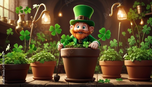 An adorable leprechaun peers out of a flower pot surrounded by lush clovers, invoking whimsical fairy tale vibes. AI Generation