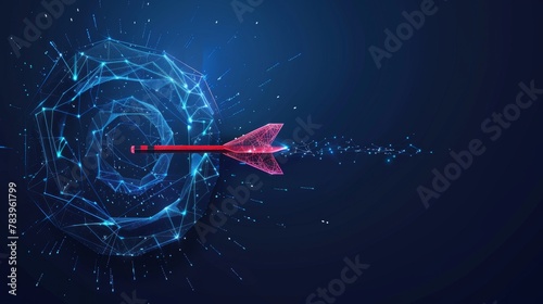 Abstract digital target with an arrow in the center. Growth strategy or financial goal concept. Futuristic low poly wireframe vector illustration on blue technology modern background. The bull's eye