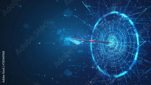 Abstract digital target with an arrow in the center. Growth strategy or financial goal concept. Futuristic low poly wireframe vector illustration on blue technology modern background. The bull's eye