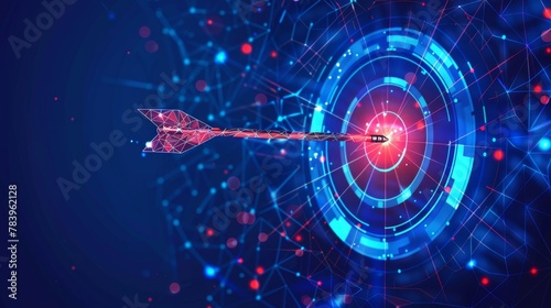 Abstract digital target with an arrow in the center. Growth strategy or financial goal concept. Futuristic low poly wireframe vector illustration on blue technology modern background. The bull's eye