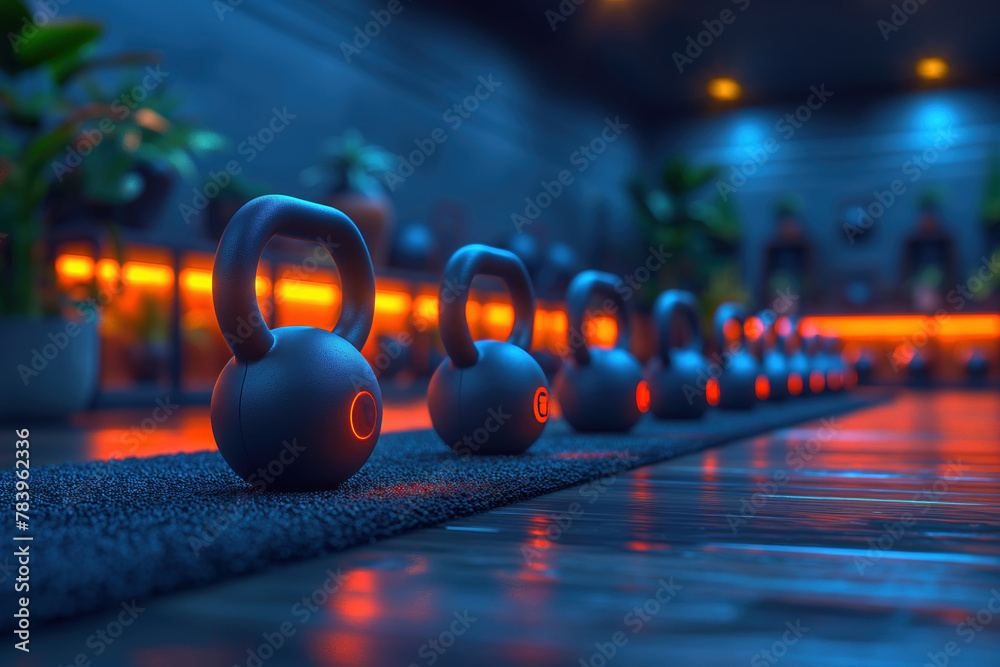 Smart kettlebell set in a vibrant, energetic gym. Each kettlebell is equipped with LED indicators Smart kettlebell set in a vibrant, energetic gym. Each kettlebell is equipped with LED indicators
